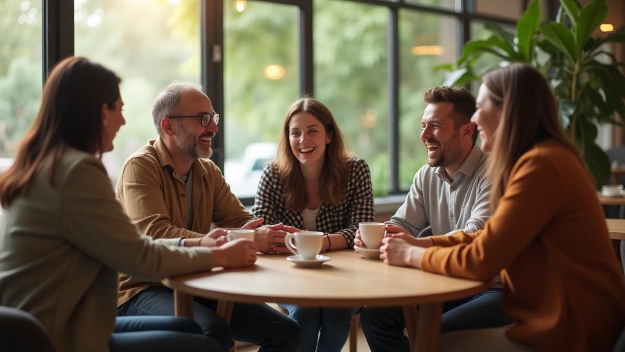 Diverse group of adults happily chatting in a bright, modern community space.