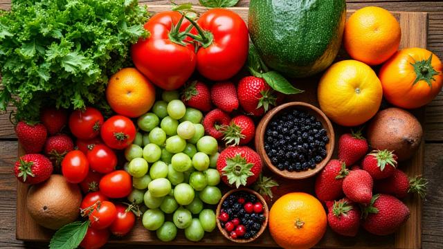 Fresh vibrant fruits and vegetables on a wooden table