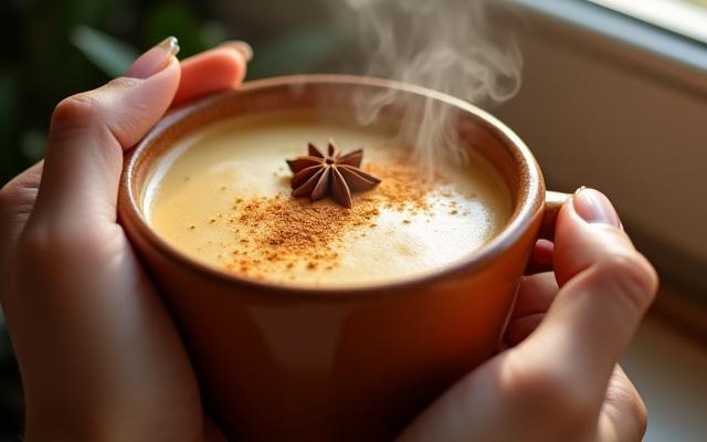 A warm golden milk latte in a ceramic mug, garnished with cinnamon stick and star anise.