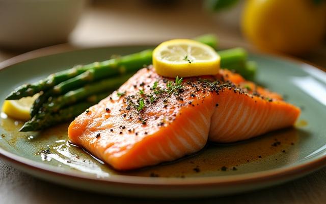 A perfectly cooked salmon fillet with fresh asparagus and lemon wedges.
