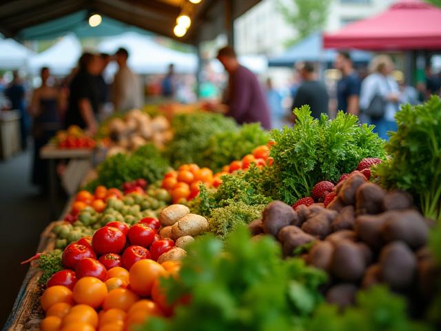 A bustling Seattle farmers market stand, overflowing with fresh, colorful local produce, with glimpses of people shopping.