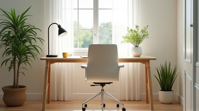 Ergonomically set up home office desk with a standing option, natural light, and green plants, focused on workspace wellness.