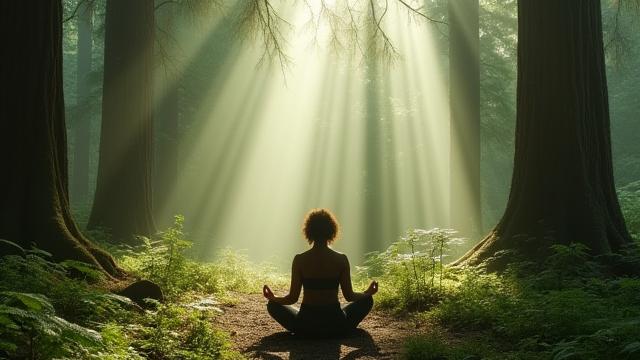 A person meditating in a lush, green Pacific Northwest forest, promoting mindfulness.